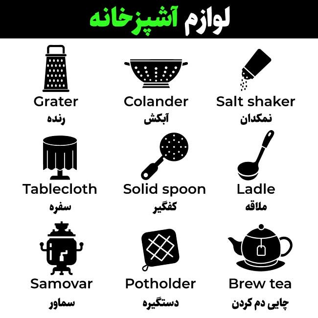 لیست کامل وسایل آشپزخانه به انگلیسی با ترجمه فارسی